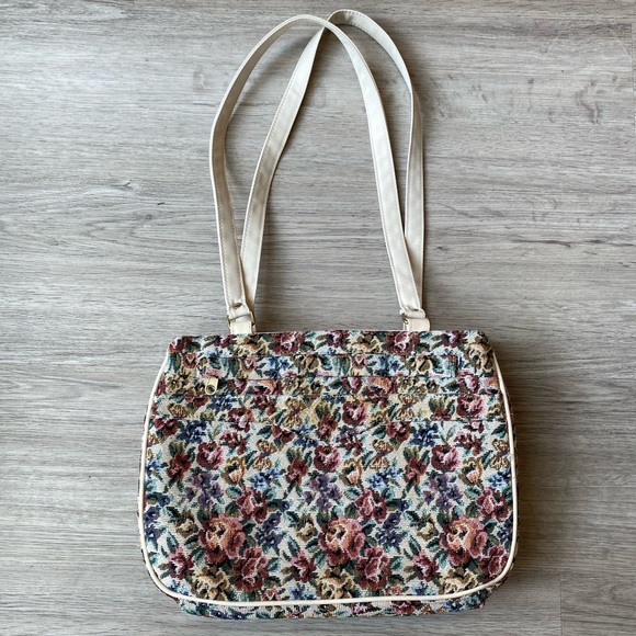 VINTAGE Ivory Tapestry Multicoloured Floral Print Canvas Large Shoulder Bag - Picture 1 of 9